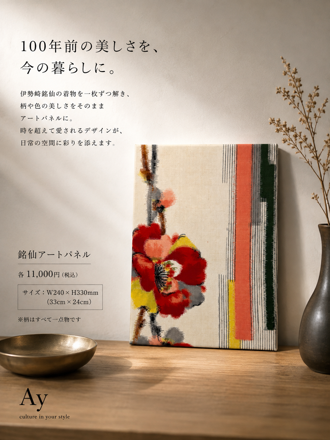 伊勢崎銘仙アートパネル「花と縞 Ⅱ」|一点物