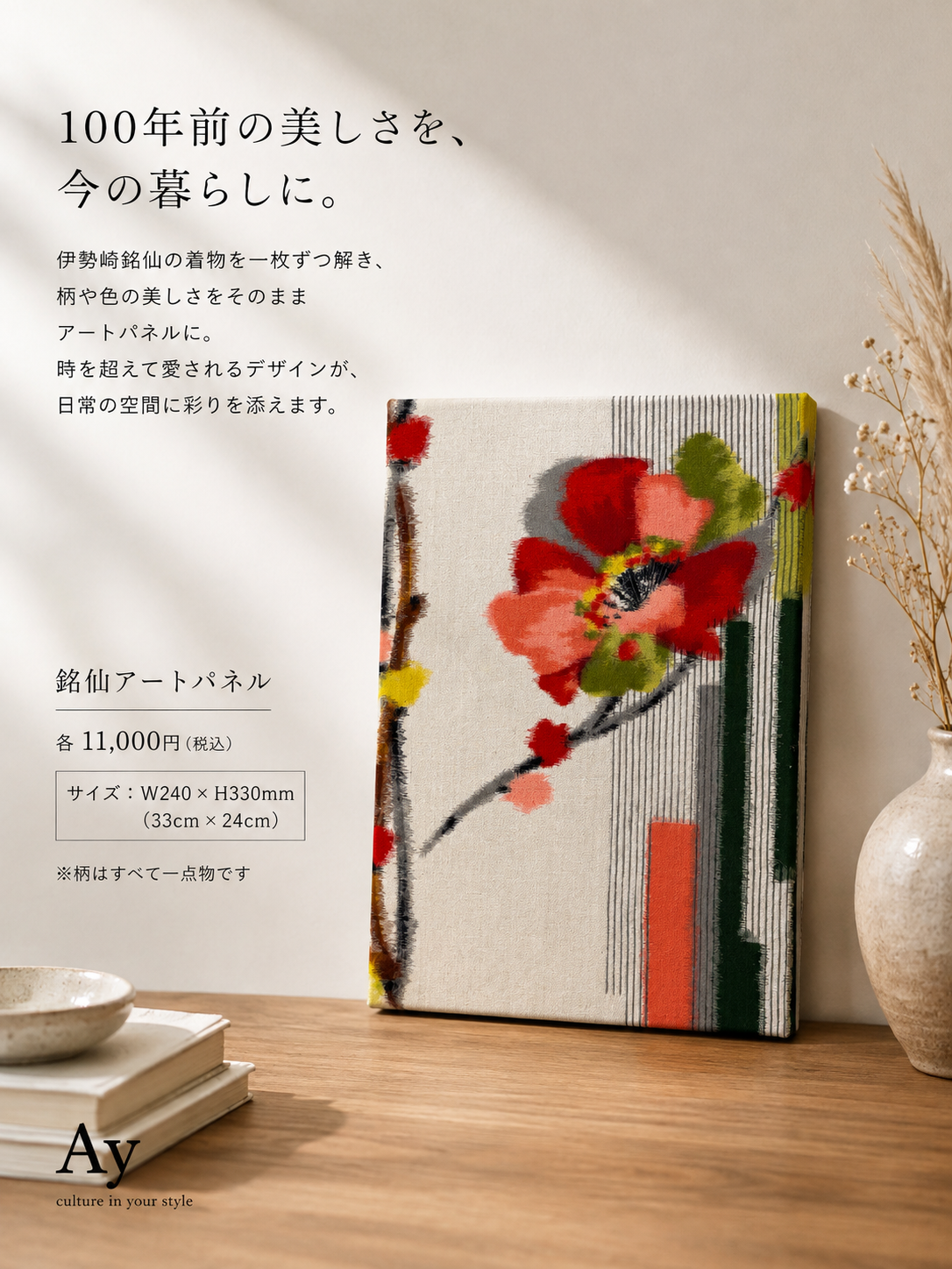 伊勢崎銘仙アートパネル「花と縞」|一点物
