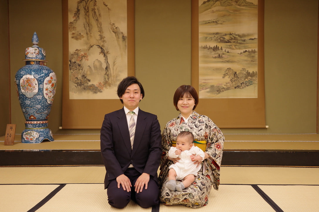 【お宮参り】伊勢崎銘仙の着物とネクタイでご家族揃って