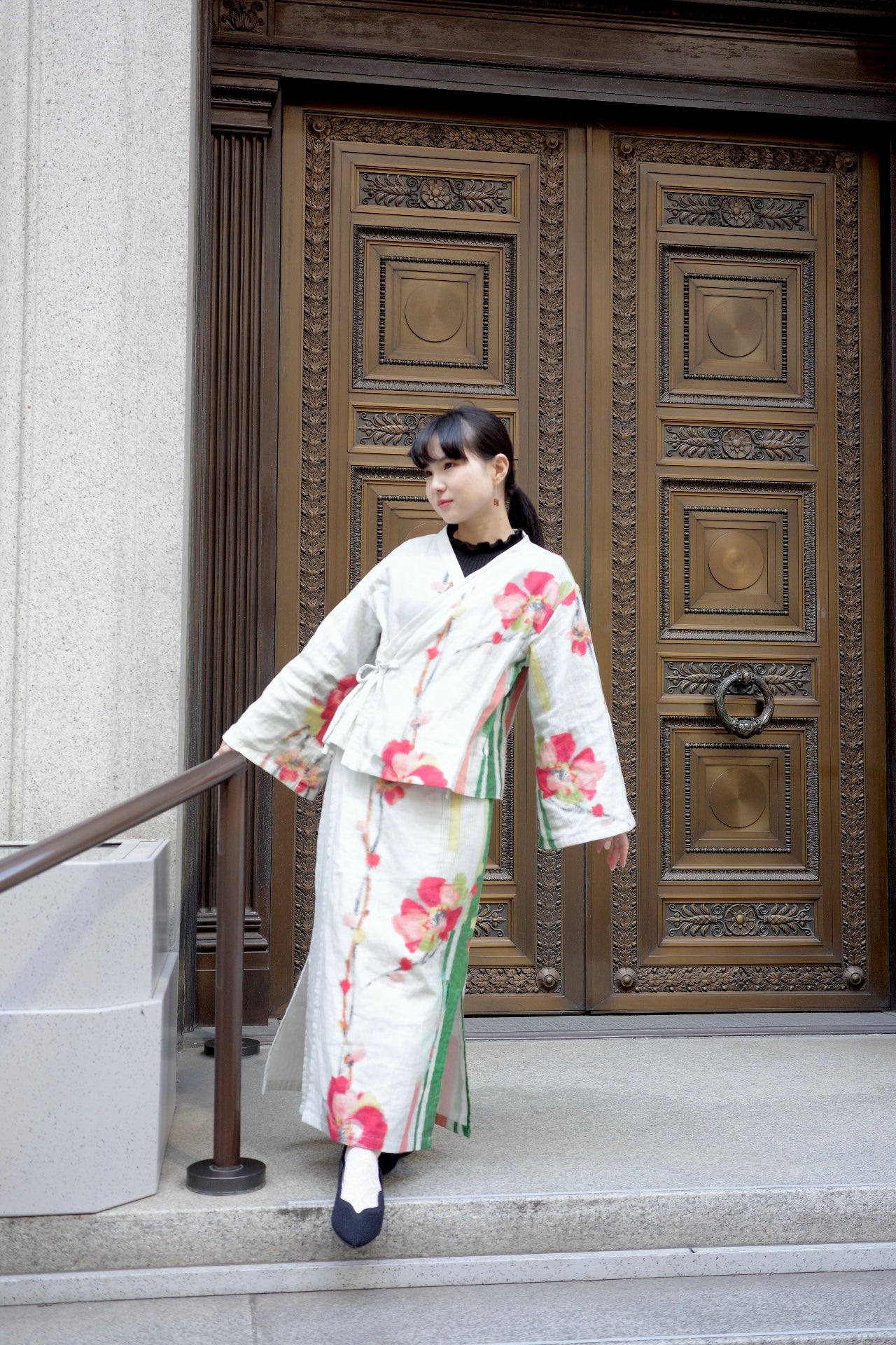 Yukata-style set-up with wrap skirt