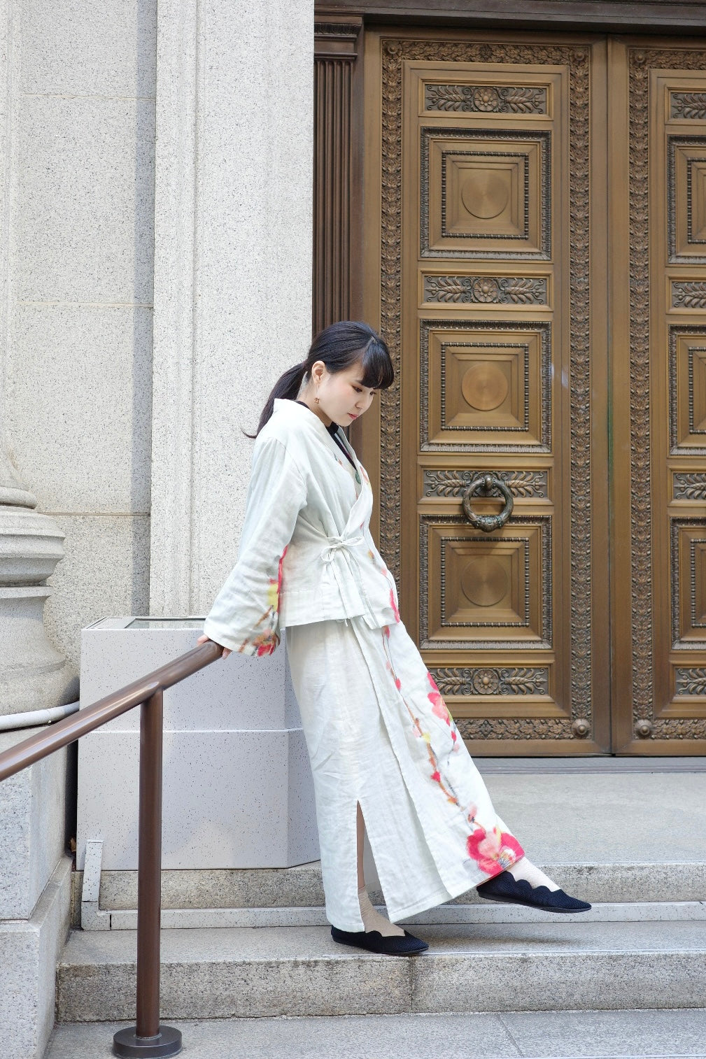 Yukata-style set-up with wrap skirt