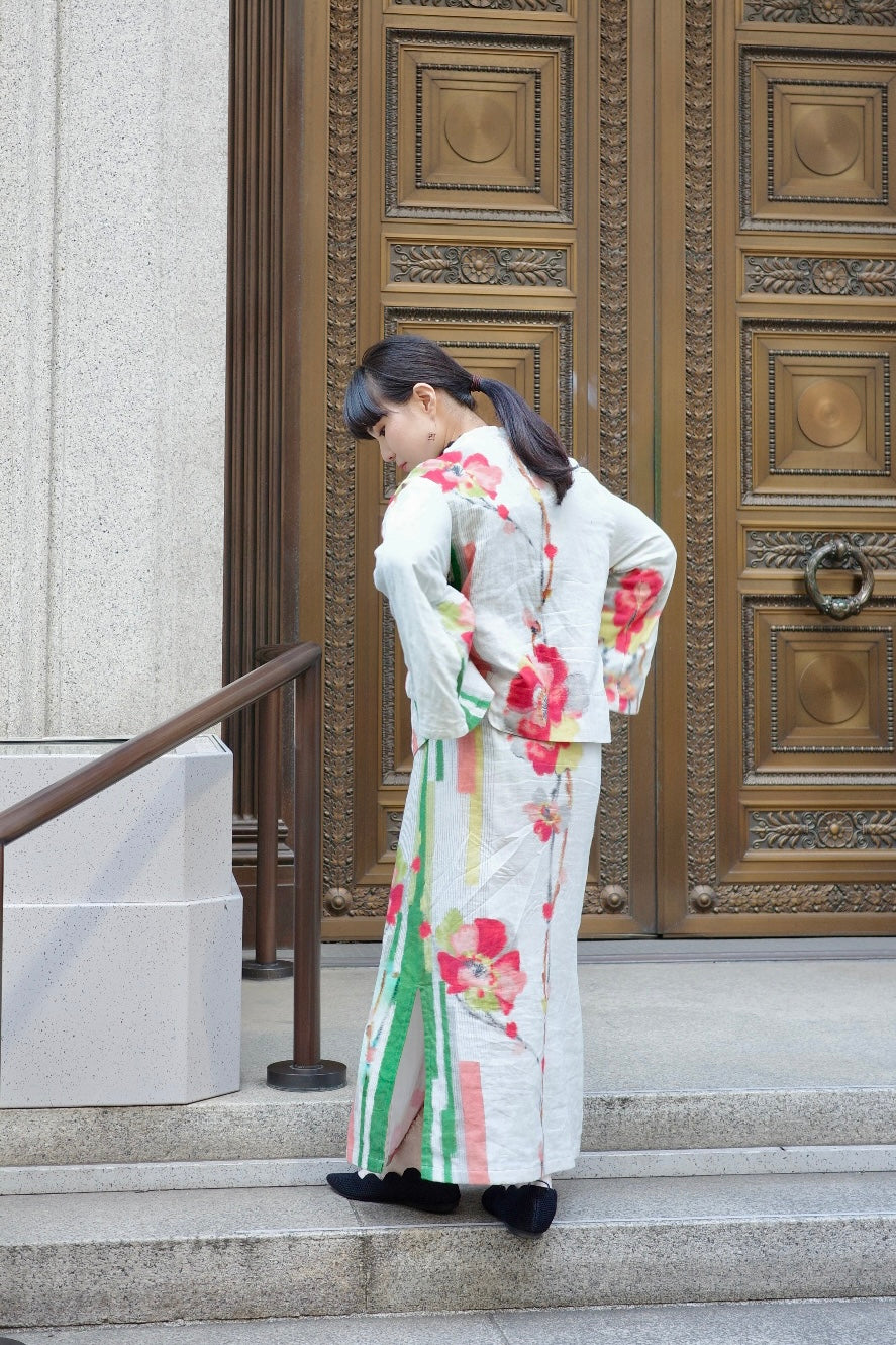 Yukata-style set-up with wrap skirt